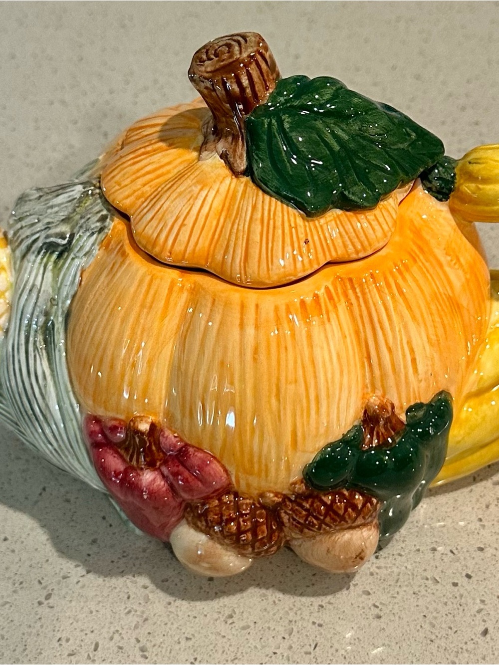 Hand-Painted Ceramic Pumpkin Teapot with Green Leaf Accent